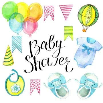 A set of cute elements for a greeting card with a newborn. Illustrazione stock