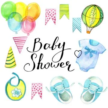 A set of cute elements for a greeting card with a newborn. Stock Illustration