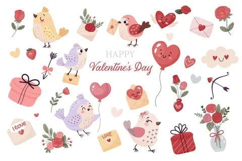 A set of cute elements for happy valentines day. Hearts, flowers, birds and.. Stock Illustration