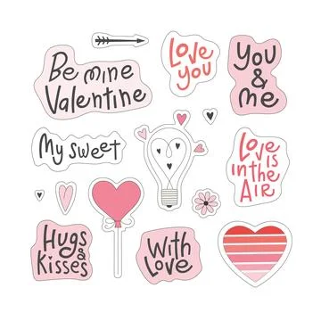 Set of cute elements, text for Valentines day, wedding, scrapbooking, greeting Stock Illustration