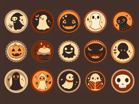 Set of cute eye-catching rounded Halloween stickers . Halloween collection .. Stock Illustration