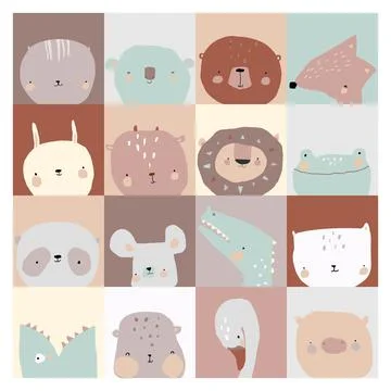 Set of Cute Faces Animals on Different Background Stock Illustration