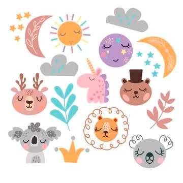 Set cute faces of animals, moon, sun, clouds Stock Illustration
