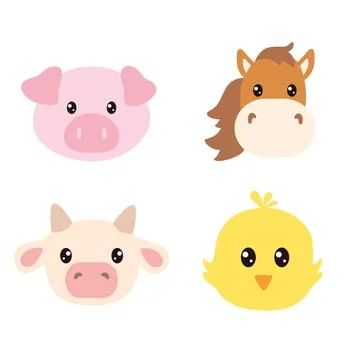 Set of cute farm animals faces isolated on white background. Cow, pig, horse and Stock Illustration