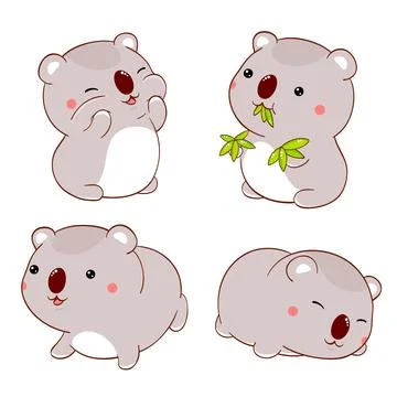 Set of cute fat cartoon koalas in kawaii style. Collection of lovely koala .. Stock Illustration