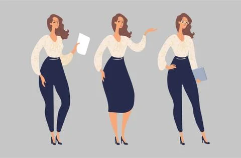 Set of cute female characters in a flat design. Full-length women in business Stock Illustration