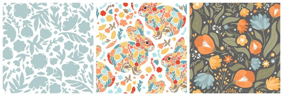 Set of cute festive seamless patterns of rabbits and flowers. Graphic vector  Stockillustratie