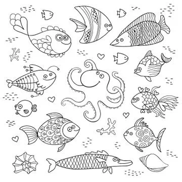 Set cute fish and octopus for the design of child coloring Stock Illustration