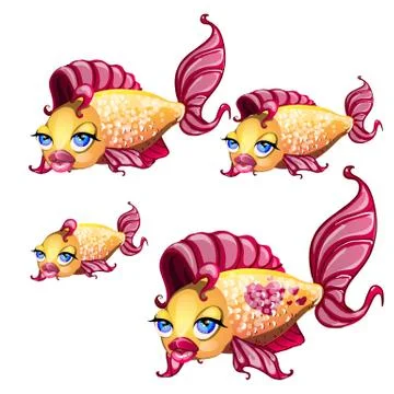 A set of cute fish with animated lips isolated on white background. Vector Stock Illustration