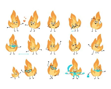 Set of cute flame character with happy or sad emotions, panic, loving or brave Stock Illustration