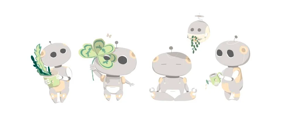 Set of cute flat robots. Modern illustration. Cartoon clip art robots with pl Illustrazione stock
