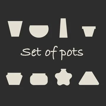 Set of cute flat unusual shaped pots on the black background Stock Illustration