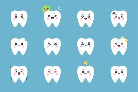 Set of cute flat white cartoon tooth characters with various facial express.. Stock Illustration