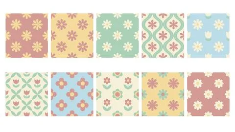 Set of cute floral seamless patterns in retro style for fabric and stationery Stock Illustration