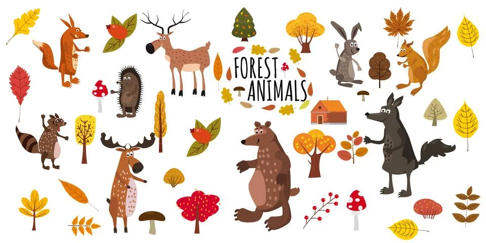 Set of cute forest animals bear, raccoon, squirrel, hare, fox, wolf, hedgehog Stock Illustration