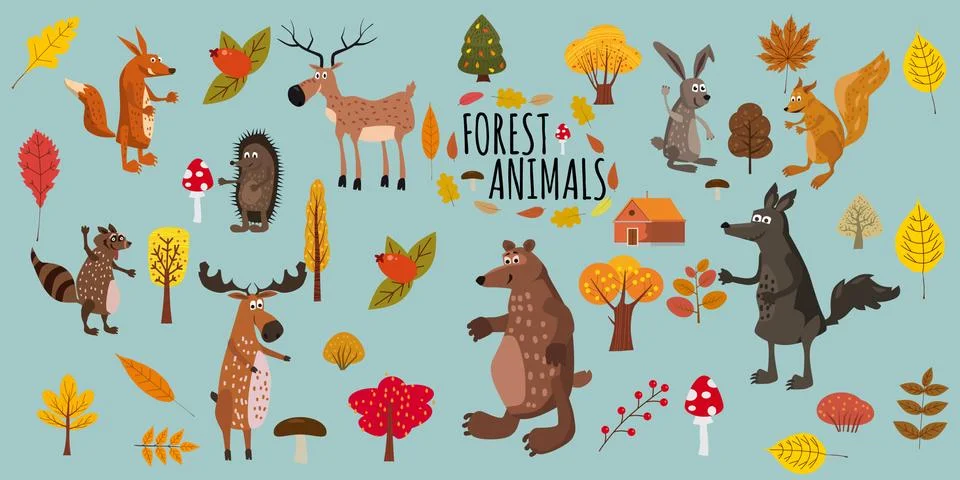 Set of cute forest animals bear, raccoon, squirrel, hare, fox, wolf, hedgehog Stock Illustration