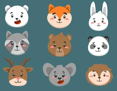 Set of cute forest animals faces in vector, children characters for design Stock Illustration