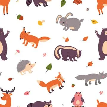 Set of cute forest animals on a white isolated background. Pattern. Illustrazione stock