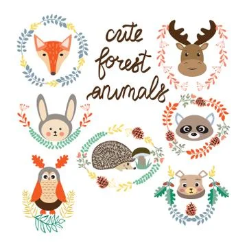 Set of cute forest elements animals and plants Stock Illustration