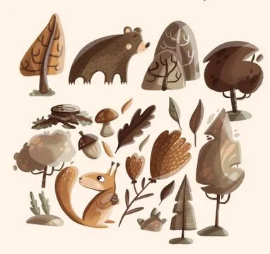A set of cute forest elements-animals and trees, bear, squirrel, and mushroom 스톡 일러스트