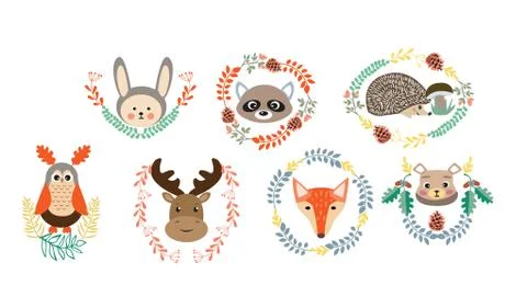 Set of cute forest elements animals and plants Stock Illustration