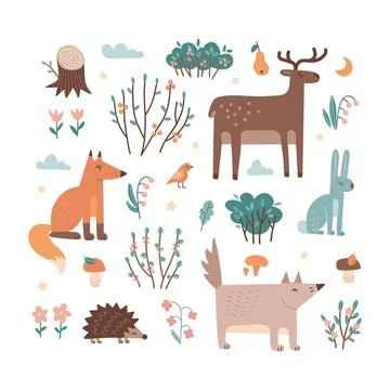 Set of cute forest elements - animals and trees. Deer, hedgehog, rabbit, fox Stockillustratie
