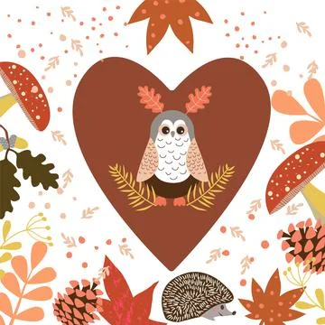 Set of cute forest  fall elements owl and plants 스톡 일러스트