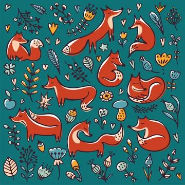 Set of cute foxes and floral elements Stock Illustration