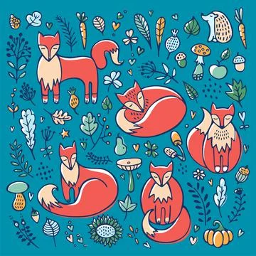 Set of cute foxes and floral elements Stock Illustration
