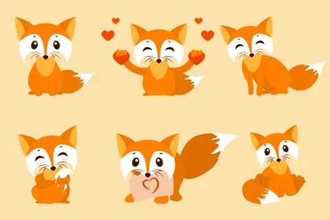 Set of cute foxes. Vector cartoon fox photo. Sitting with hearts, sweet, shy Stock Illustration
