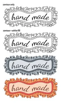 Set of cute frames with textile ruffles, ribbon, seam and inscription Hand made Stock Illustration