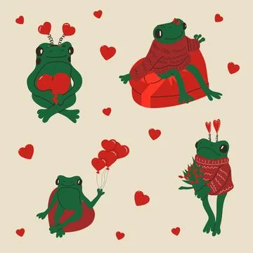 Set of Cute frog with valentines decorations. Vector illustration. Illustrazione stock