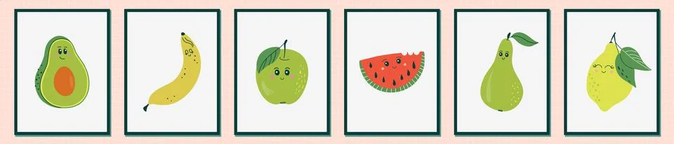 Set of cute fruit characters. Posters with funny emotional fruits. Stock Illustration