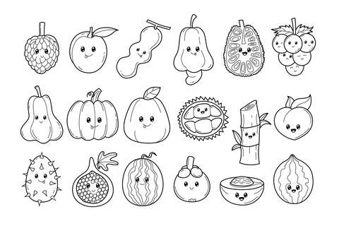 Set of cute fruit doodle set collection with chibi or kawaii style for frui.. Stock Illustration