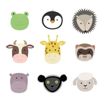 Set of cute funny animals frog, sheep, cow, giraffe, weasel, hippo, hedgehog Stock Illustration