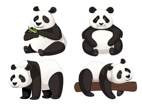 Set of cute funny big panda sit on floor and lying on branch cartoon animal Stock Illustration