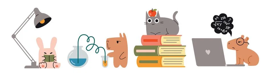 Set of cute funny characters, books and laptop. Education and study concept.. Stock Illustration