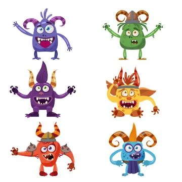 Set of cute funny characters troll, bigfoot, goblin, devil, yeti, imp, with Stock Illustration