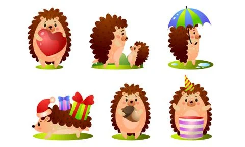 Set of cute funny forest hedgehog in different situations. Vector illustration Stock Illustration
