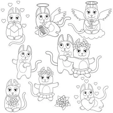 Set of cute, funny linear vector cats for coloring. Outline. Line characters Illustrazione stock