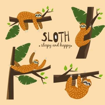 Set Cute funny sloth hanging on the tree. Sleepy and happy. Adorable hand drawn Stock Illustration