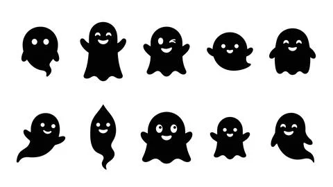 Set of cute ghost characters, simple spooky halloween icons in various poses. Stock-Illustration