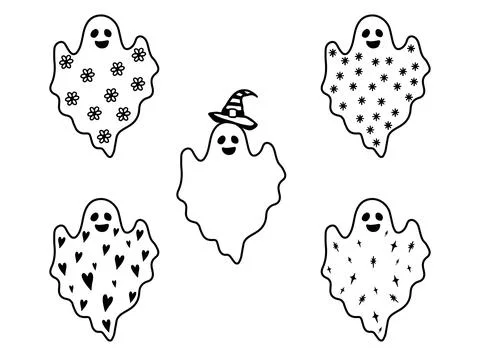 Set of cute ghost. Collection of flying spirit with witch hat, flowers, sno.. Illustrazione stock