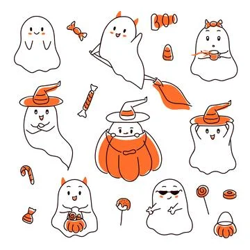 Set of cute ghost in doodle style. Collection of flying spirit. Halloween symbol Illustrazione stock