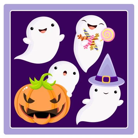 Set of cute ghosts with different emotions in kawaii style. Halloween Collect Stock Illustration