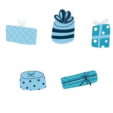 Set of cute gift boxes in blue and white colors. Vector illustration in carto Stock Illustration