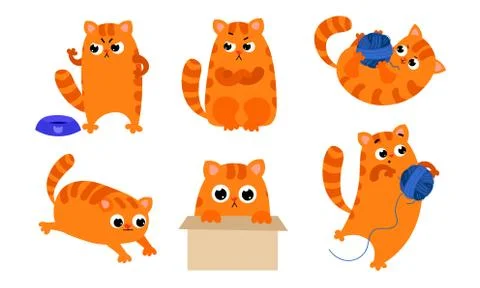 Set of the cute ginger cat with different emotions in various action situations イラスト素材
