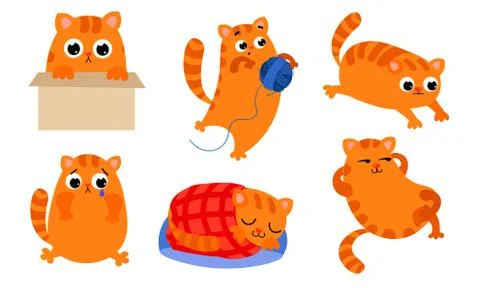 Set of the cute ginger cat with different emotions in various action situations Stock Illustration