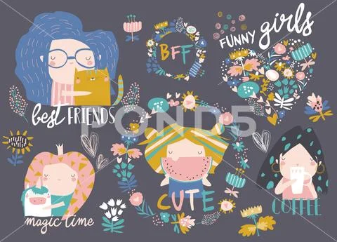 Set of cute girls with flowers and wreaths. Best friends Stock Illustration