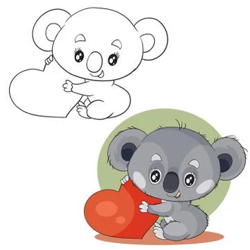 Set of cute gray koala characters holding in their paws a big red heart wants to Stock Illustration